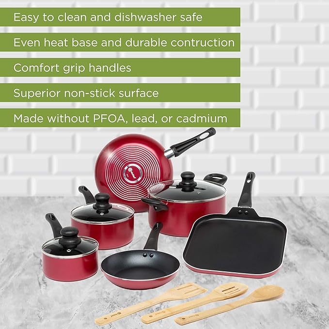 Ecolution Easy Clean Nonstick Cookware Set Dishwasher Safe Kitchen Pots and Pans Set Comfort Grip Handle Even Heating Ultimate Food Release 12-Piece Red