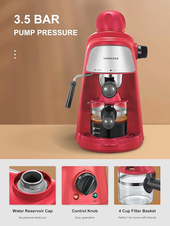 Espresso Machine 3.5Bar Espresso and Cappuccino Machine with Preheating Function 4 Cup Coffee Maker with Milk Frothing Function and Steam Wand (Red) CM6810