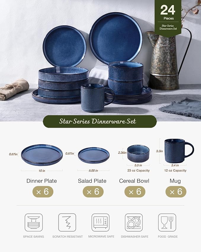 Famiware Star Dinnerware Set with Mugs Service for 6 (24 Pieces) Ribbed Stoneware Plates and Bowls Dishes Sets - Chip &amp Scratch Resistant Microwave &amp Dishwasher Safe Nebulas Blue