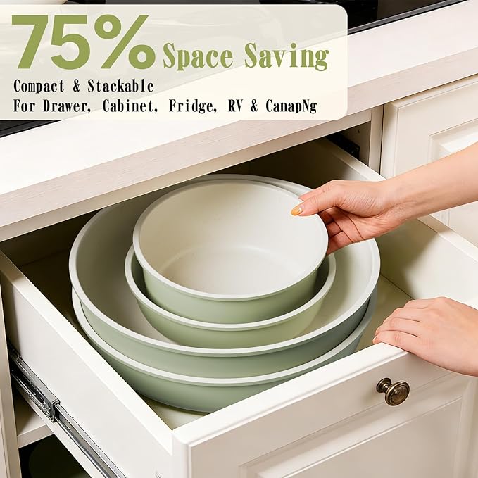 Umite Chef Non Stick Pots and Pans Set 21 Pcs Ceramic Kitchen Cookware Set with Detachable Handle Nonstick Healthy Induction Cookware Dishwasher RV Cookware Set Oven Safe Stackable Sage Green