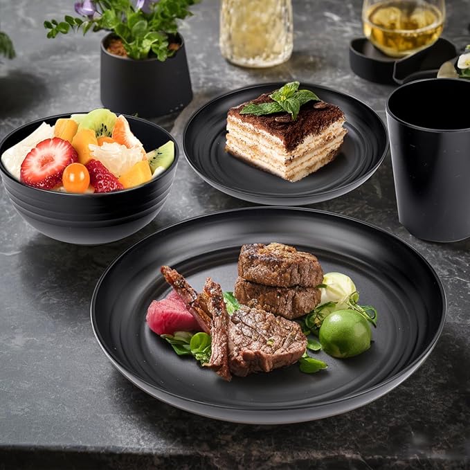 LIYH 16 Pcs Black Wheat Straw Dinnerware Set - Unbreakable Plates and Bowls Sets Dish Sets for 4 Black Plastic Dinnerware Set Include Wheat Straw Dinner Plates Bowls Cups Kitchen &amp Camping