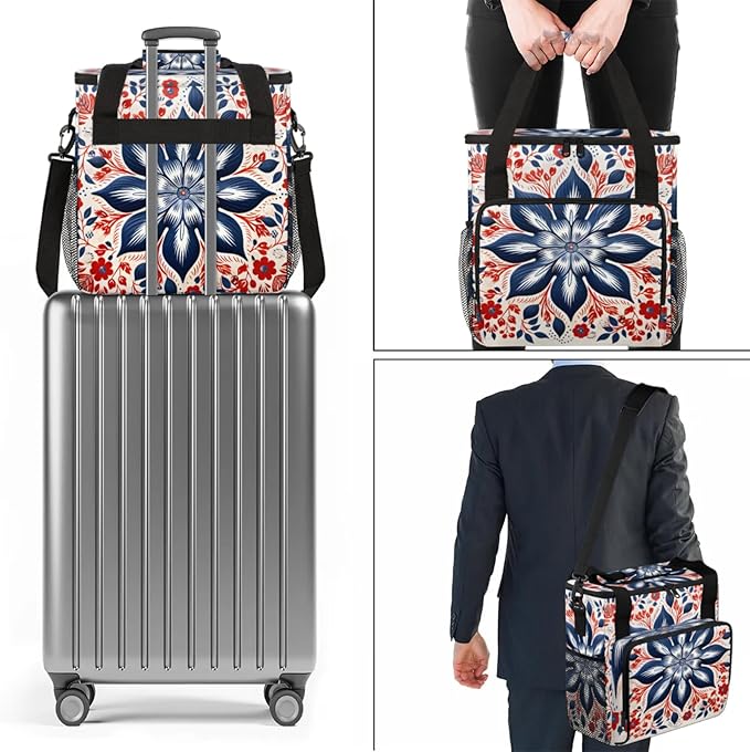 Flowers Floral Design Coffee Maker Travel Bag for Keurig K-Mini/K-Mini Plus Insulated Waterproof Tote with Pockets for K-Cup Portable Single-Serve Brewer Case