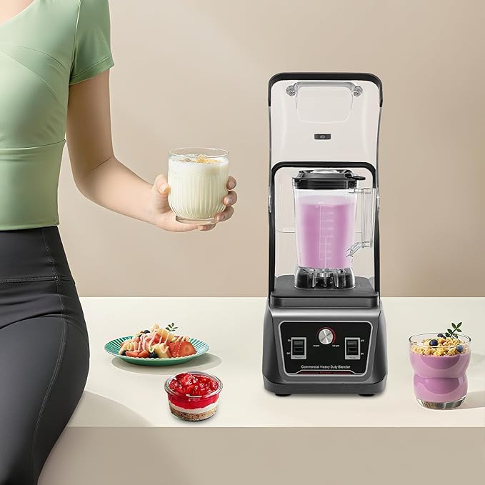Commercial Blender 2200W 23000RPM Multifunctional Blenders Stainless Steel Blenders Adjustable Speed Blender Large Capacity Blending Machine w/Soundproof Shield for Homes Restaurants Cafes