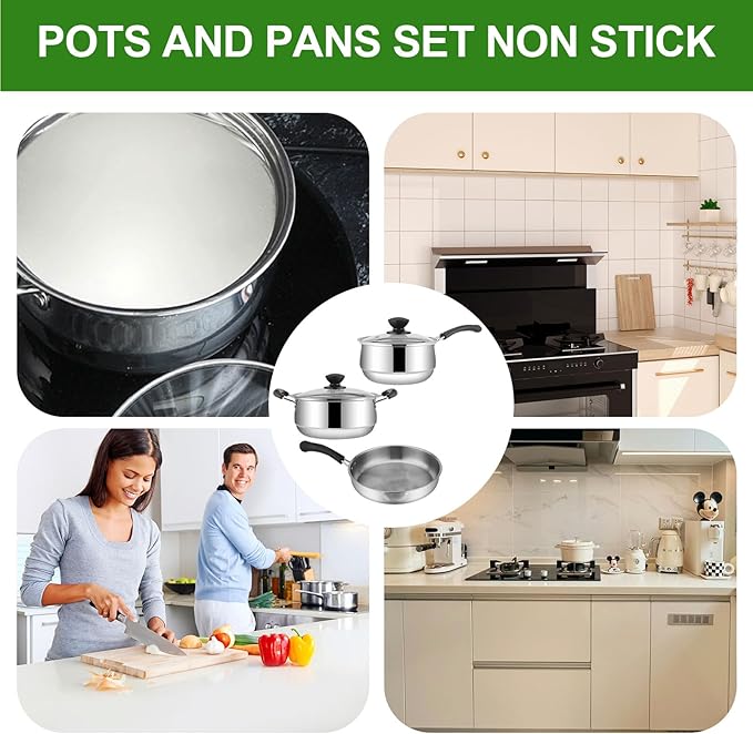 Pots And Pans Set Non Stick 3pcs Stainless Kitchen Cookware Kitchen Utensils Set Kitchen Cookware Pots and Frying Sauce Pans Set for Simmering Sautéing Frying