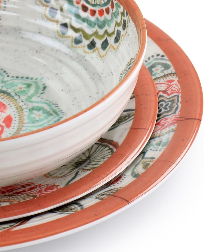 12 Piece Melamine Dinnerware Set – Shatterproof Mandala Plates and Bowls with Ribbed Texture – Lightweight Outdoor &amp Indoor Dish Set Dishwasher Safe