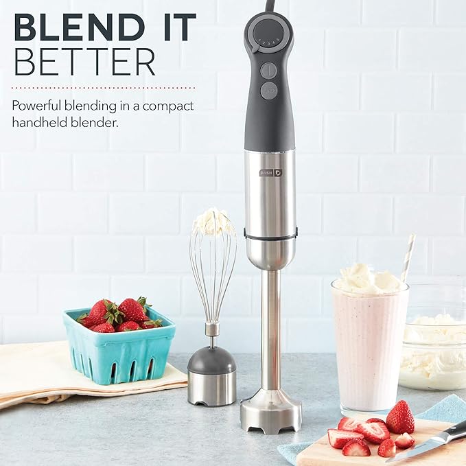 Dash Chef Series Immersion Hand Blender 5 Speed Stick Blender with Stainless Steel Blades Whisk Attachment and Recipe Guide – Cool Grey