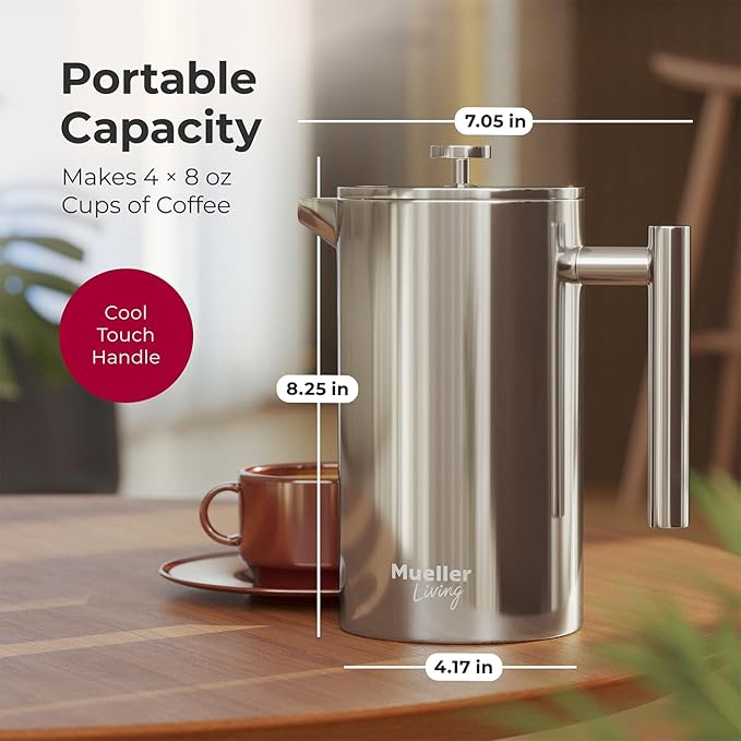 MuellerLiving French Press Coffee Maker 34oz Stainless Steel French Press Coffee 4 Filter Heat Resistant Double Insulated Rust-Free Food Grade Dishwasher Safe Coffee Pot