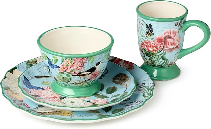 Flora 16-Piece Dinnerware Set Service for 4 – Includes Dinner Plates Dessert Plates Pedestal Mugs and Pedestal Ice Cream Bowls with Vibrant Nature-Inspired Floral Designs