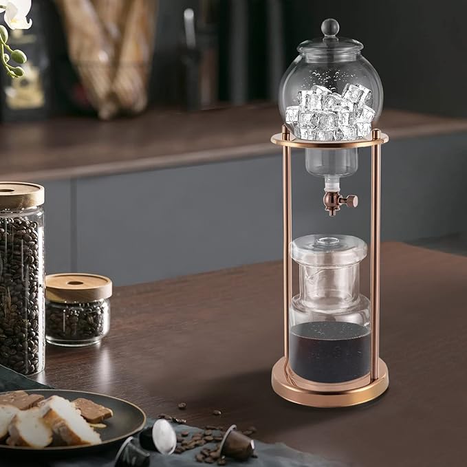 Stainless Steel Cold Brew Coffee Maker 600ml Iced Coffee Drip Tower with Borosilicate Glass Perfect Ice Coffee Maker for Home Offices &amp Cafes (Gold)