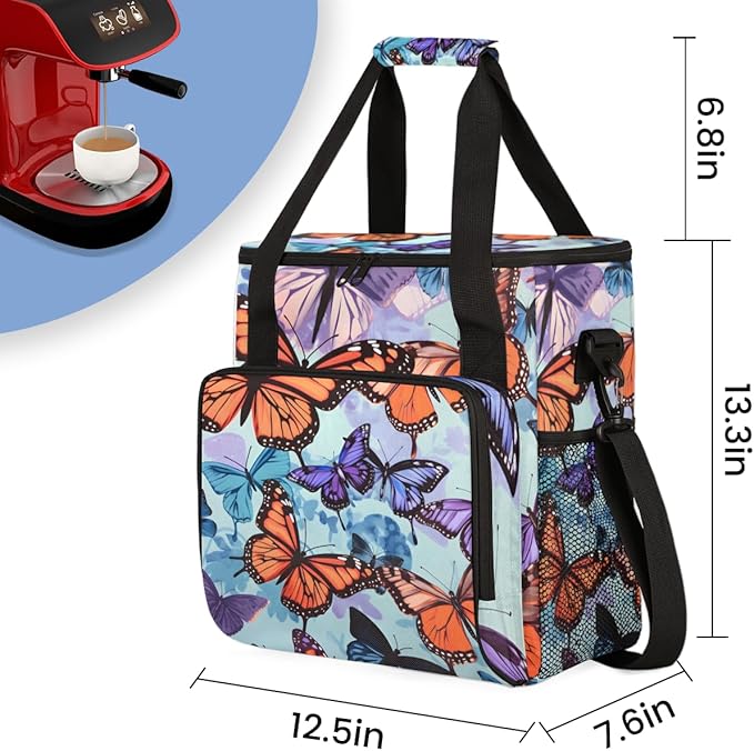 Abstract Butterfly Coffee Maker Carrying Bag Portable Travel Storage Tote Bag Compatible with K-Mini or K-Mini Plus Single Serve Coffee Brewer Carrying Case with Multiple Pockets &amp Shoulder Stra