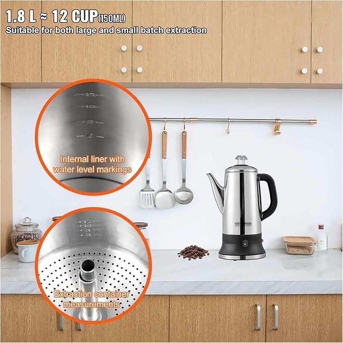 Electric Percolator Coffee Pot 12-Cup Stainless Steel Coffee Maker Keep Warm Quick Brew Easy Pour Spout 1.8L Capacity Silver