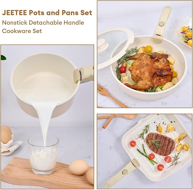 JEETEE 25pcs Pots and Pan Set Non StickDetachable Handle Cookware SetInduction Cooking &amp RV Camping Stackable Pots PansHealthy Kitchen Cookware Set PFAS/PFOA Free Beige