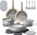 CAROTE 20Pcs Titanium Cookware Set Pots and Pans Set Non Stick Kitchen Cooking Set with Detachable Handle Non Toxic Induction Cookware Dishwasher/Oven Safe