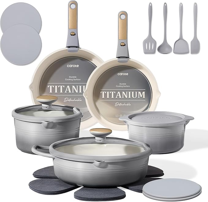 CAROTE 20Pcs Titanium Cookware Set Pots and Pans Set Non Stick Kitchen Cooking Set with Detachable Handle Non Toxic Induction Cookware Dishwasher/Oven Safe