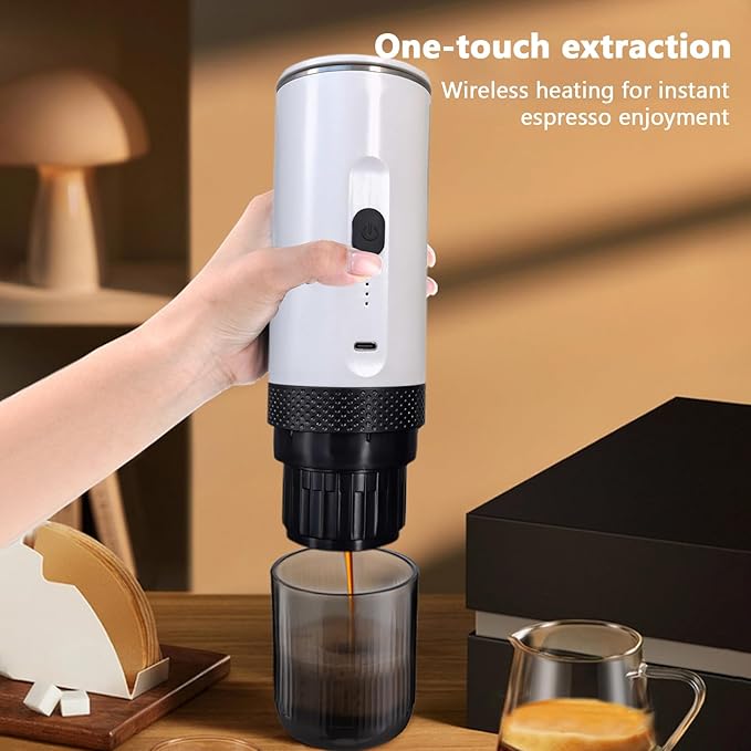 Asixxsix Portable Coffee Maker 2 in 1 Machine with Grinding and Capsule Compartments 20Bar Pressure 7500mAh Rechargeable Fast Heating for Camping Travel Home Office (White)