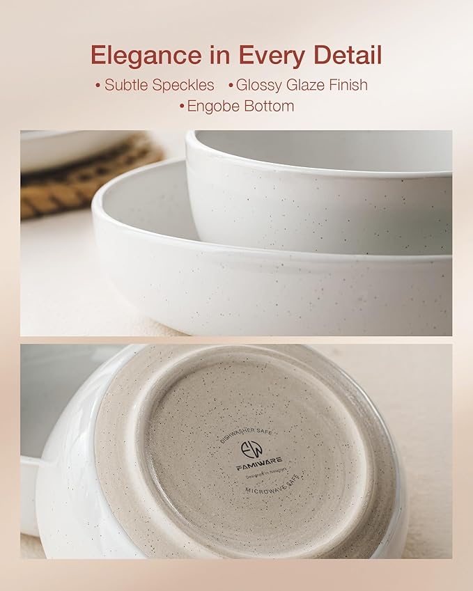 Famiware Milkyway Stoneware Dinnerware Sets with Pasta Bowls Service for 4 (16 Pieces) Plates and Bowls Sets -Scratch Resistant Microwave and Dishwasher Safe Dishes Set White
