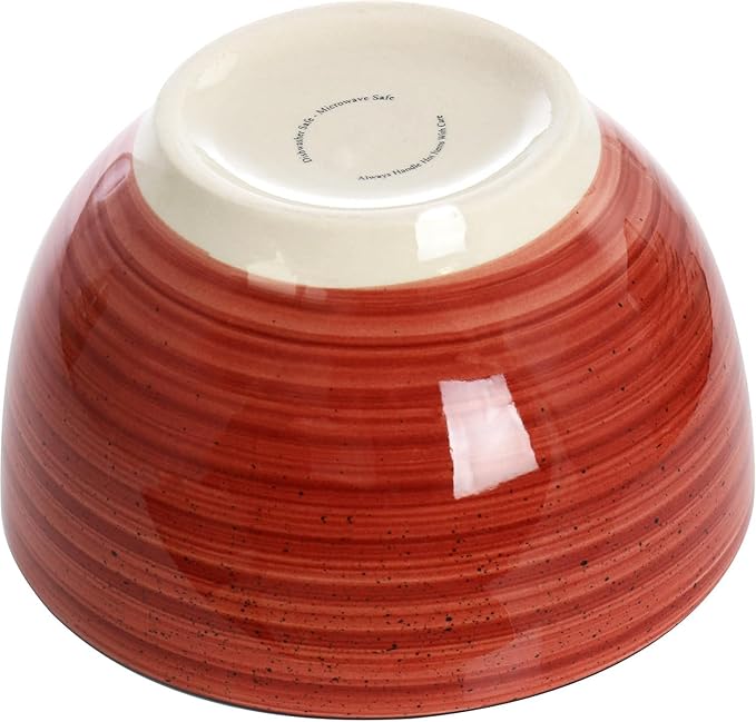 24-Piece Stoneware Dinnerware Set – Round Two-Tone Hand-Painted Dishes with Swirl Design Service for 6 Microwave &amp Dishwasher Safe Tableware (Red)