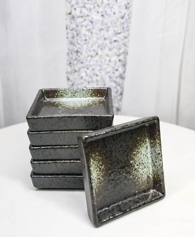 Ebros Gift Artistic Charcoal Grey Tone Hakumu Collection Dinnerware Serveware Kitchenware Set Asian Japanese Restaurant Supply (Pack Of 6 Square Condiment Sauce Dishes 2oz)