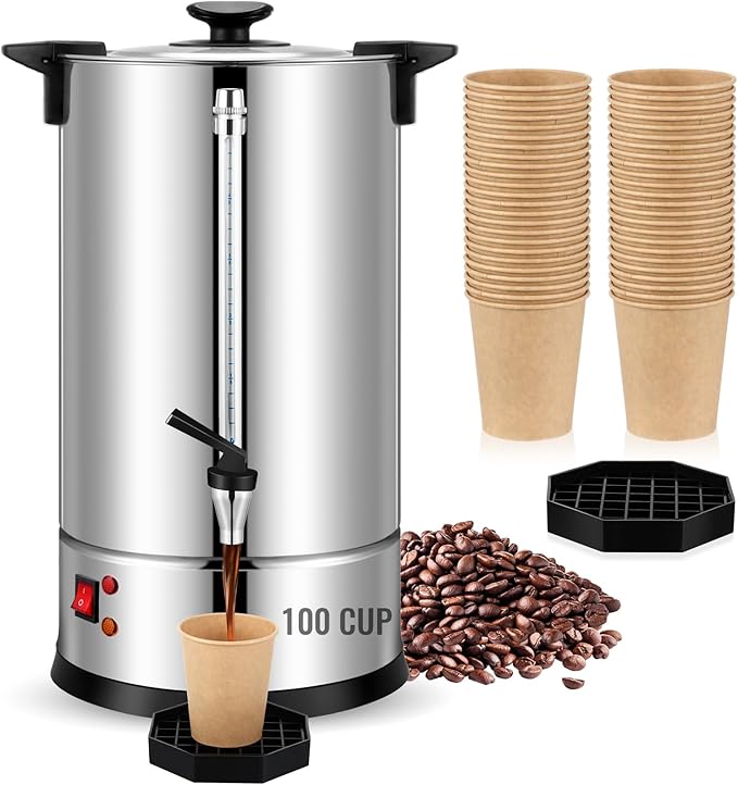 VIHOSE Commercial Coffee Maker Stainless Steel Electric Coffee Urns with 5oz Paper Cups and Coffee Drip Trays Hot Water Large Coffee Dispenser for Catering Restaurant Home Party (100 Cup/ 15 L)