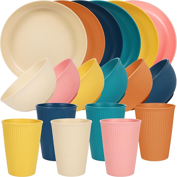 18PCS Wheat Straw Dinnerware Sets for 6 Unbreakable Dinnerware SetsDishwasher &amp Microwave Safe Reusable Wheat Straw Plates Bowl Set and Cup Set Kitchen Outdoor Travel Camping