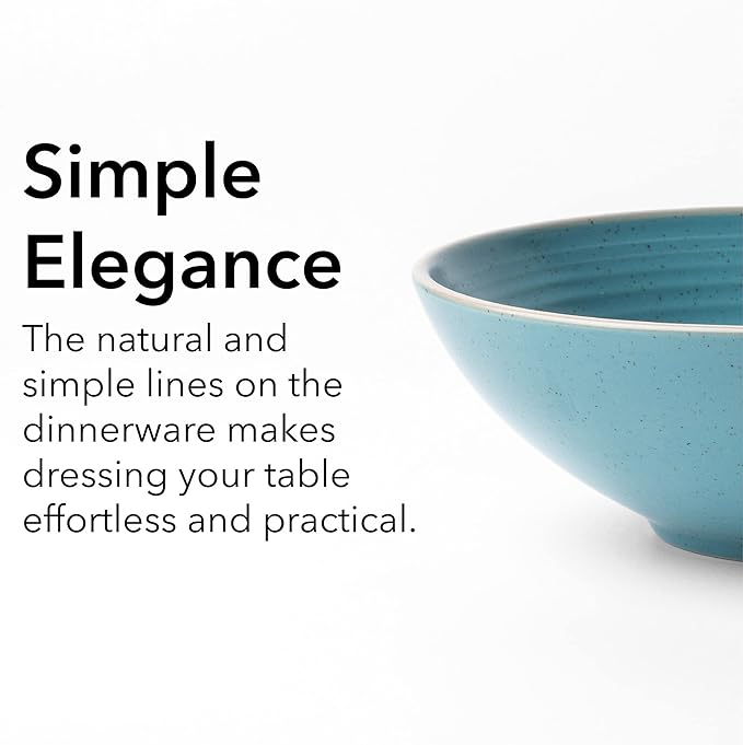 RINGAR Round Stoneware 16pc Double Bowl Dinnerware Set for 4 Dinner Plates Side Plates Cereal Bowls Pasta Bowls - Speckle Matte Turquoise (428525)
