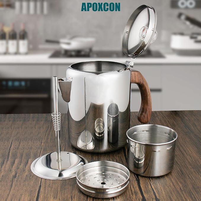Coffee Percolator Pot Stainless Steel Coffee Maker with Tough Glass Knob &amp Fireproof Solid Wood Handle &amp Drip-Free Spout Camping Coffee Pot Using on any Stovetop NO Aluminum NO Plastic (8 Cup)