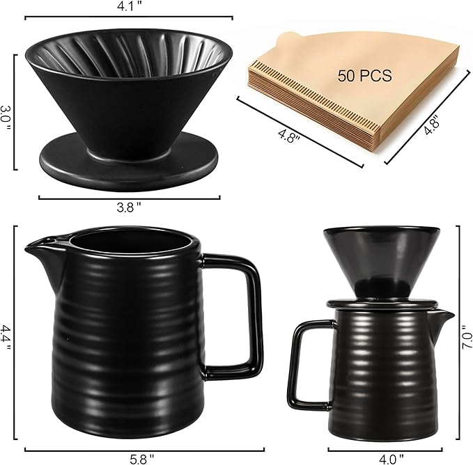 Pour Over Coffee Maker 17oz Pour Over Coffee Dripper Ceramic Retain Heat with 50PCS Paper Coffee Filter for Father's Day Christmas Reusable Drip Coffee Maker for Café Restaurant Home Camping