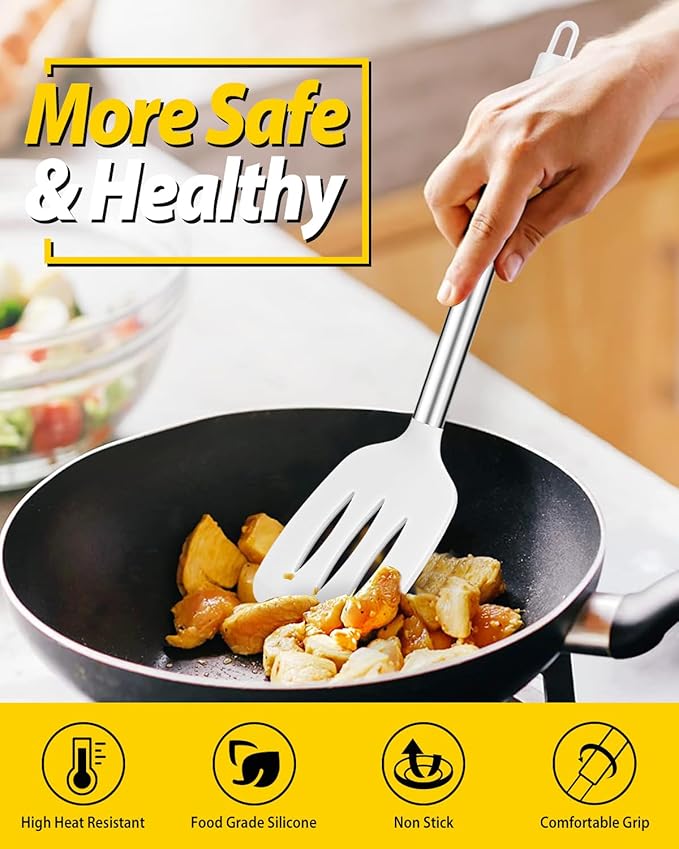 Pack of 4 Silicone Cooking Utensils Set Non Stick Large Solid Spatulas Heat Resistant Slotted Spoons Ideal BPA Free Kitchen Turners for Frying MixingServingDrainingTurningStirring (WHITE)