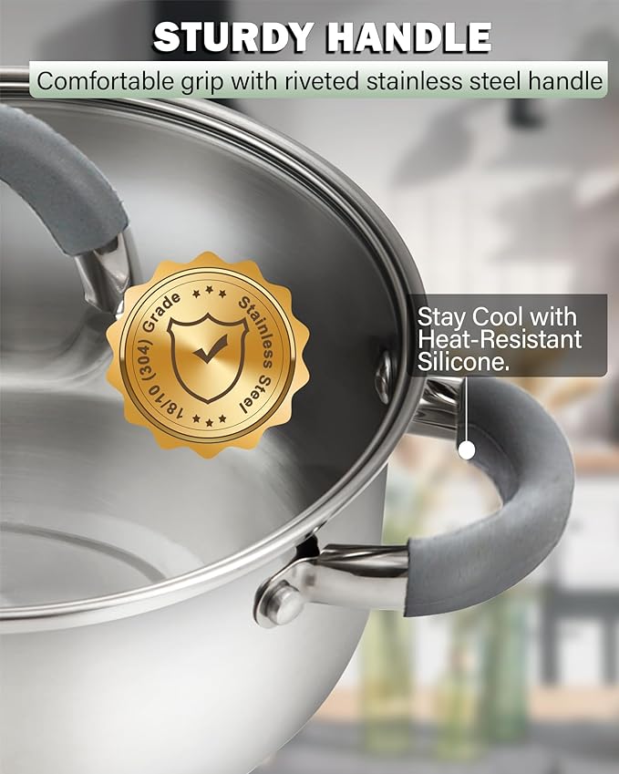 Cook N Home Stainless Steel Pot Set with Glass Lid 6 Pieces Basics Cookware Set with Stay-Cool Silicone Handles 1.5/3/5.5 Quarts Small Cooking Stock Pot Saucier Casserole