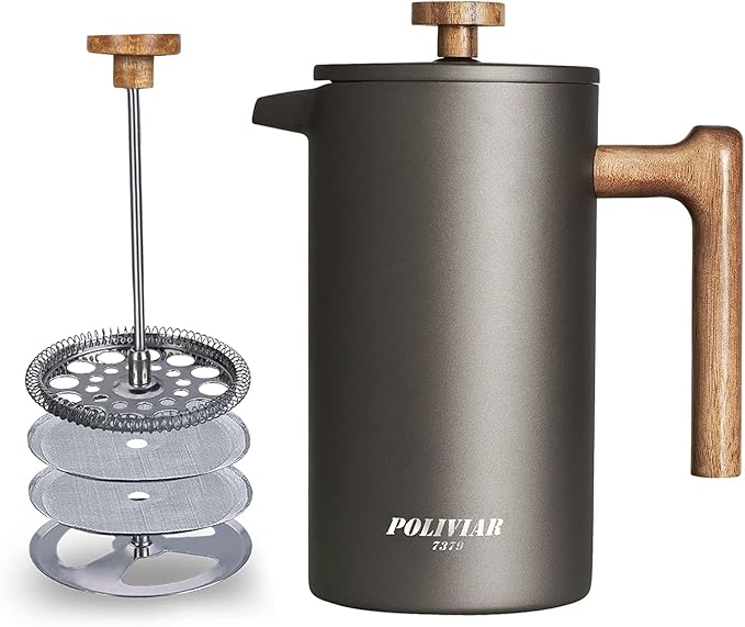 POLIVIAR French Press Coffee Maker 34 Ounce Coffee Press with Real Wood Handle Double Wall Insulation &amp Dual-Filter Screen Food Grade Stainless Steel for Good Coffee and Tea (Cliff)