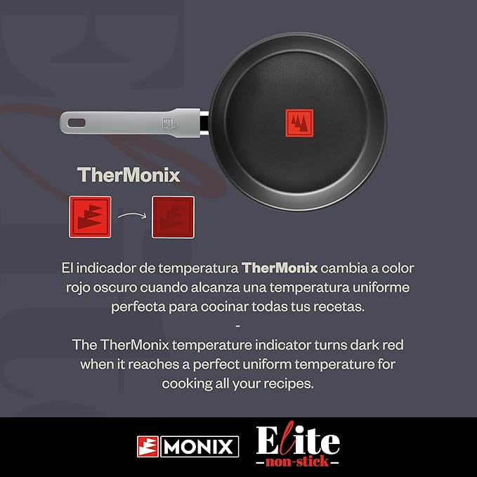 Monix Elite Non Stick Set of 3 Frying Pans 20-24-26 cm 18/10 Stainless Steel Three-Layer Non-Stick Coating PFOA-Free TherMonix Temperature Display Ergonomic Soft Touch Handle