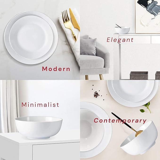 Pemberly Row Porcelain Dinnerware Set 12-Piece Plain White Round Rim Aspen Design Includes Dinner Plates Salad Plates Bowls Lightweight Stackable Microwave &amp Dishwasher Safe Chip Resistan