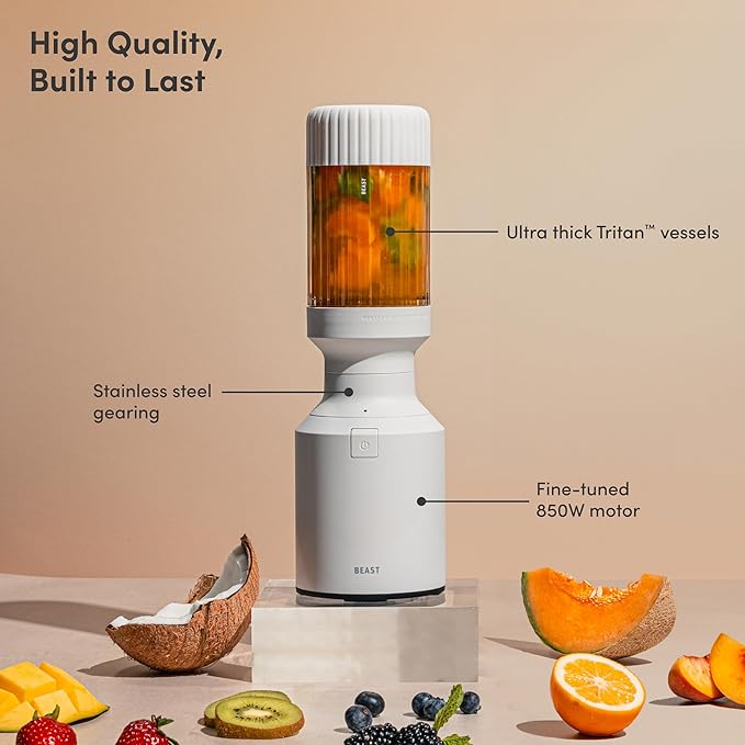 Beast Mighty 850 Plus | Premium Compact Personal Blender | Smoothies Shakes Dressings Sauces | Blends Ice and Frozen Fruit | New XL Vessel | Extra Vessels Lids and Straws | 850W (Cloud White)