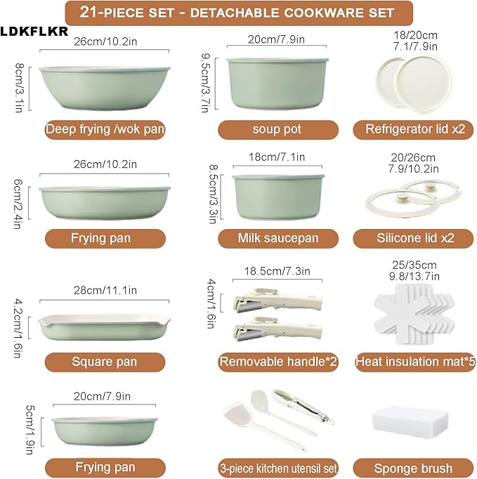 Multi-Piece Detachable Cookware Set Non-Stick Pots and Pans Set with Removable Handles Cooking Set Oven Safe Stackable Universal for All Stoves21PcGreen