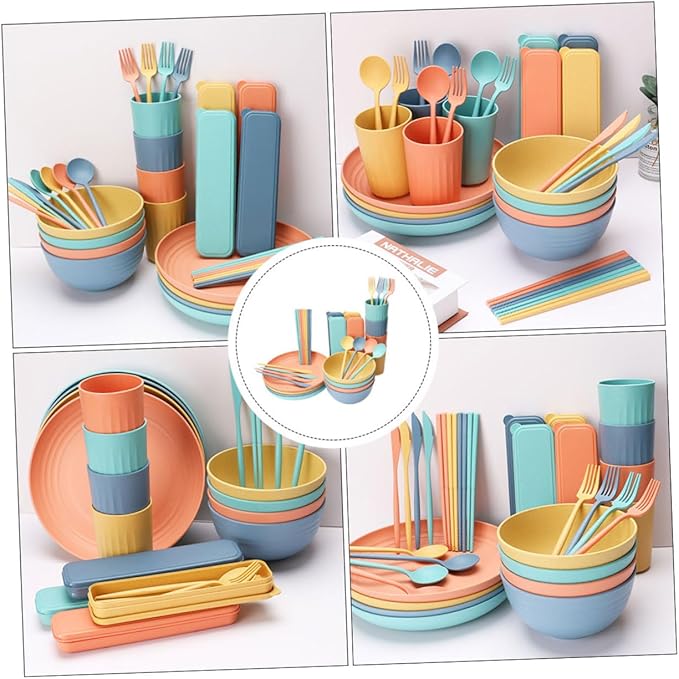 PRETYZOOM 4sets Portable Straw Cutlery Set Microwavable Bowls Lids Dinnerware Set for Outdoor Home