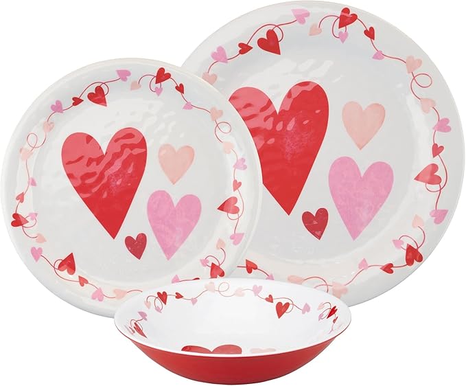 UPware 12 Piece Love Hearts Melamine Dinnerware Sets Outdoor Dishes Set Plates and Bowls Sets Valentine's Day Decorations Service for 4 Red