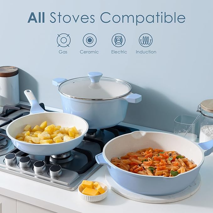 SENSARTE Nonstick Ceramic Cookware Set Large 13-Piece Healthy Pots and Pans Set Dishwasher Safe Non-toxic Kitchen Cooking Set with Stay-Cool Handles Induction Compatible PFAS Free Blue