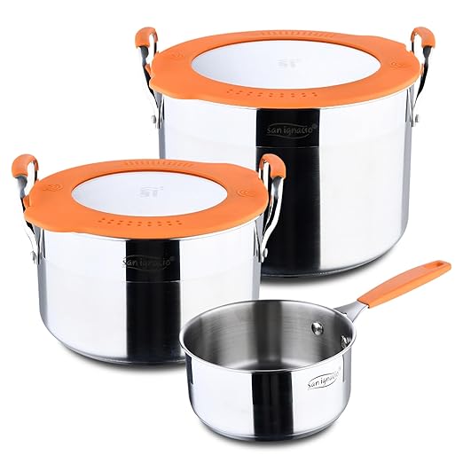 SAN IGNACIO Compact Stainless Steel Pot Set 5 Pieces Contains 2 Pots with 20 and 24 cm and 1 Saucepan with 16 cm Cooking Pot Set for All Hob Types