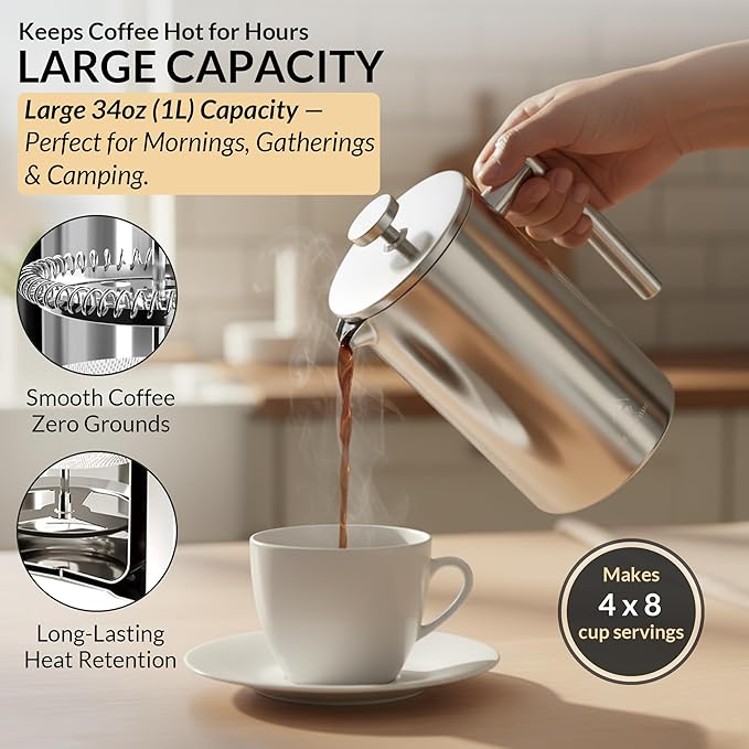 French Press Coffee Maker 304 Stainless Steel 34 Oz Large Double-Walled Insulated French Press 3 Level Filtration System For Kitchen Camping &amp Gifting in Premium Box - Dishwasher Safe