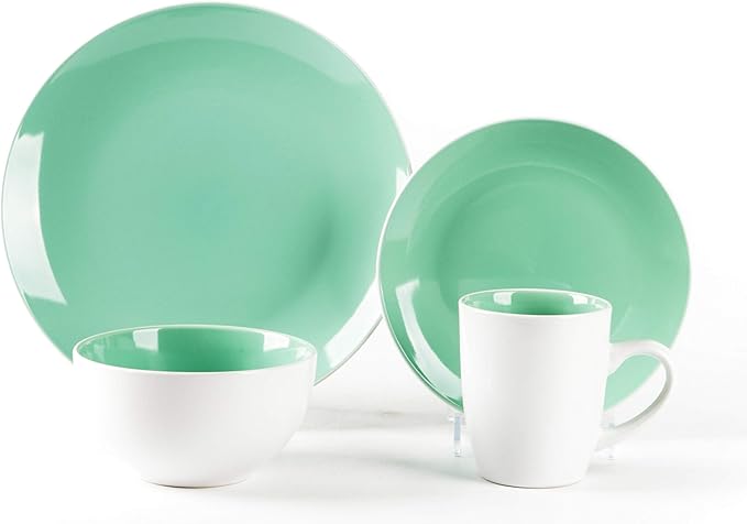 Stoneware Coupe Shape 16pc Dinnerware Set Outside White + Inside Teal