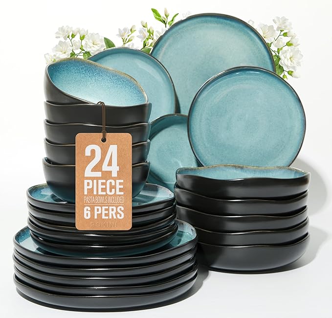 24 Pieces Dinnerware Set for 6 with Pasta Bowls Complete Ceramic Dish Set Stackable &amp Glossy Stoneware Plate and Bowl Set for Effortless Everyday Hosting Green Black
