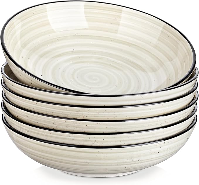 vancasso Bonbon Pasta Bowls Set of 6 38 Oz Ceramic Salad Bowls Wide and Shallow Bowls Set Large Serving Bowls for Kitchen Beige