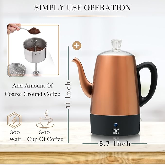 Moss &amp Stone 10 Cup Copper Percolator Coffee Pot Electric Stainless Steel Coffee Percolator Electric With Keep Warm Function Classic Perculator Pot With Removable Basket for Home or Office