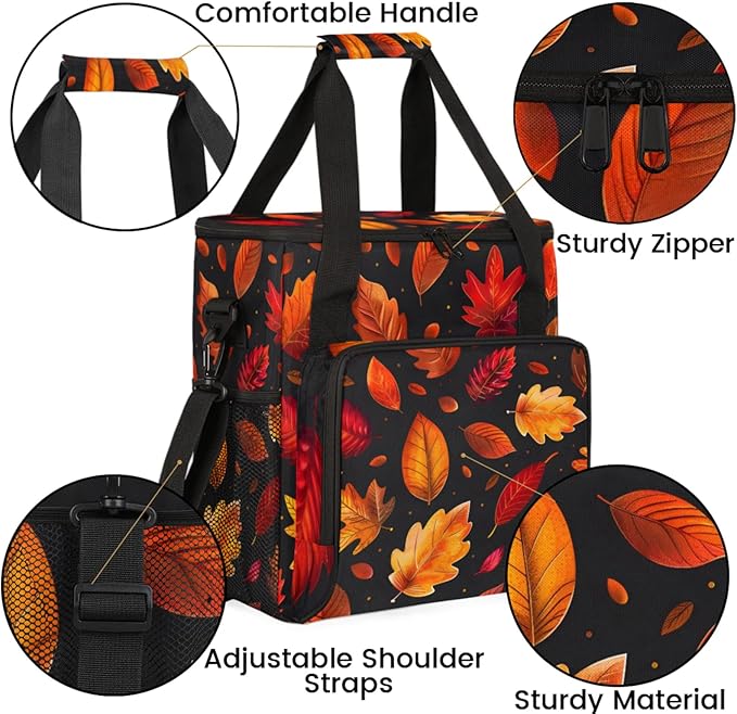 Fall Leaves Theme Coffee Maker Travel Bag for Keurig K-Mini/K-Mini Plus Insulated Waterproof Tote with Pockets for K-Cup Portable Single-Serve Brewer Case