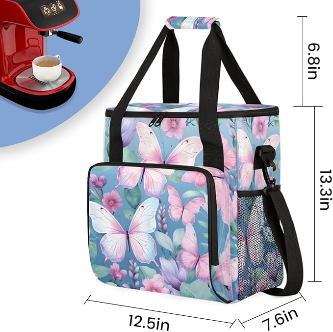 Flowers Butterfly Coffee Maker Carrying Bag Colorful Butterfly Travel Storage Bag Compatible with K-Mini or K-Mini Plus Single Serve Coffee Brewer Carrying Case with Pockets &amp Shoulder Strap