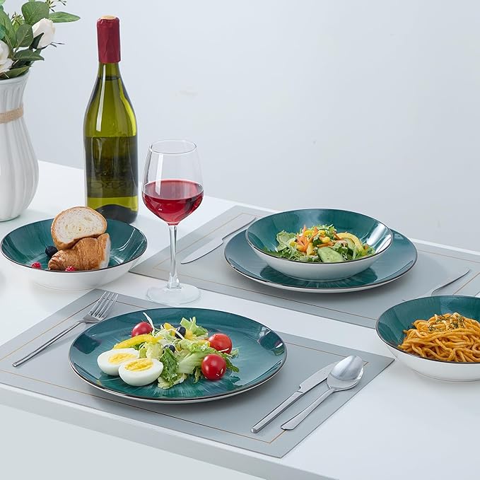 Bestone Porcelain Dinnerware Sets Service for 4 12 pcs Hand drawn Plates and Bowls Sets Handmade Ceramic Dish Set Chip Resistant Modern Plate Set Dishwasher/Microwave SafeStarburst Green