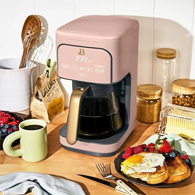 B - 12-Cup Programmable Coffee Maker with Touch Controls Auto Brew Timer Reusable Filter Large Glass Carafe Countertop Coffee Machine (Rose)