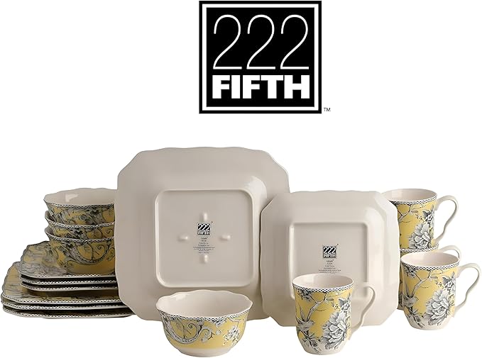 222 Fifth Adelaide 16-Piece Square Floral Dinnerware Set – Service for 4Yellow Porcelain Big Dinner Plates and Bowls Sets for Everyday Entertainment Microwave &amp Dishwasher Safe Chip Resistant