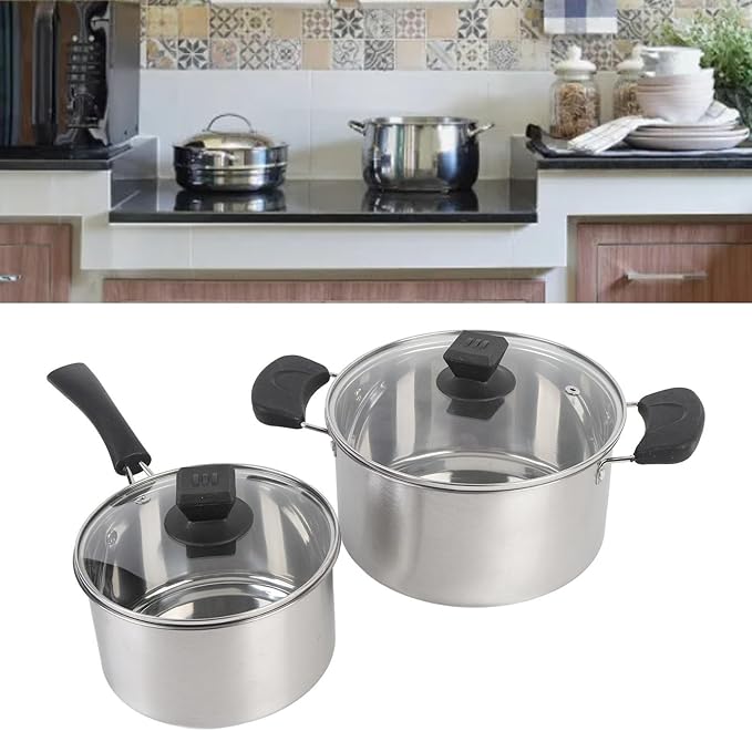 Stainless Steel Cookware Set Milk Pan Cooking Pot with Anti Scalding Handles for All Kitchen Stove Top Cooking Boiling Stewing