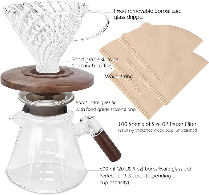 Pour Over Coffee Maker 20 oz Borosilicate Glass Set with 100 pcs Paper Filter Coffee Dripper with Walnut Collar Coffee Pot with Glass Lid 1-3 Cups Clear (600 ml)